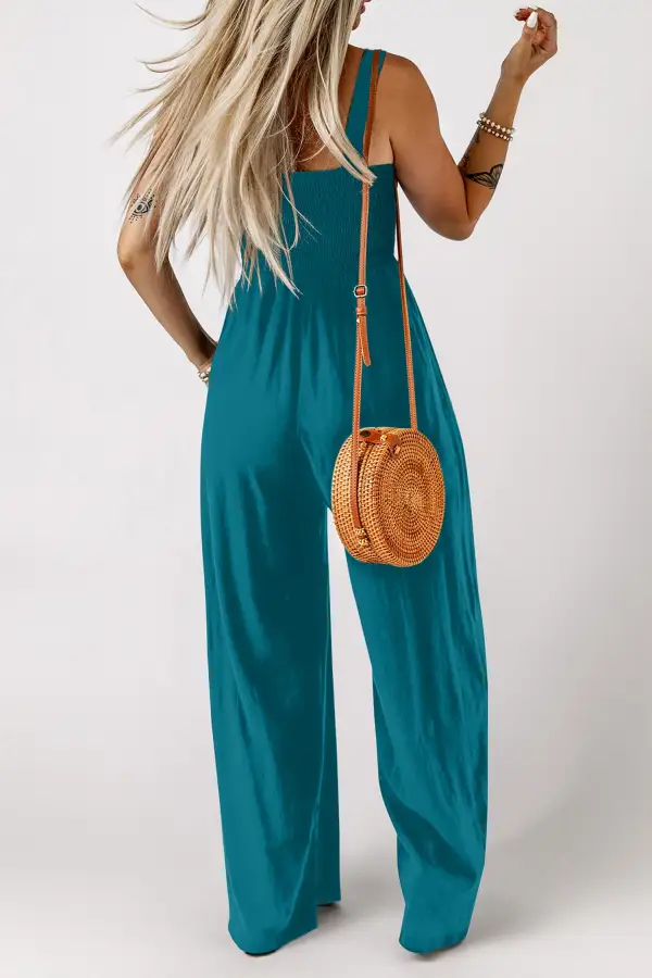 Smocked Square Neck Sleeveless Pockets Jumpsuit