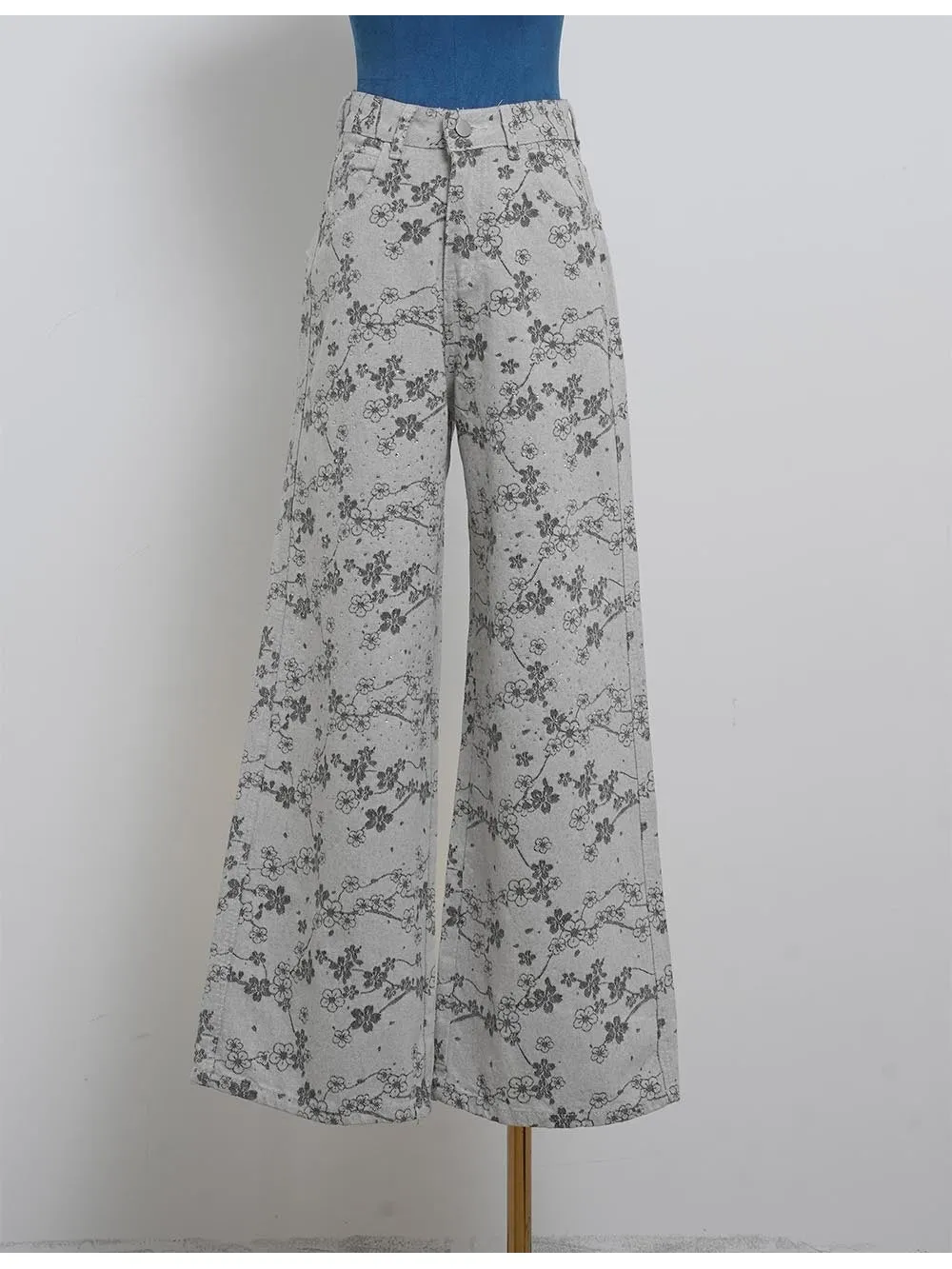 Rhinestone Jacquard Jeans Button Waist Wide Leg Denim Pants