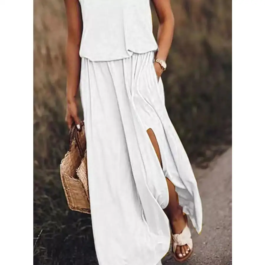 Full Size Round Neck Sleeveless Slit Maxi Dress Plus Size
