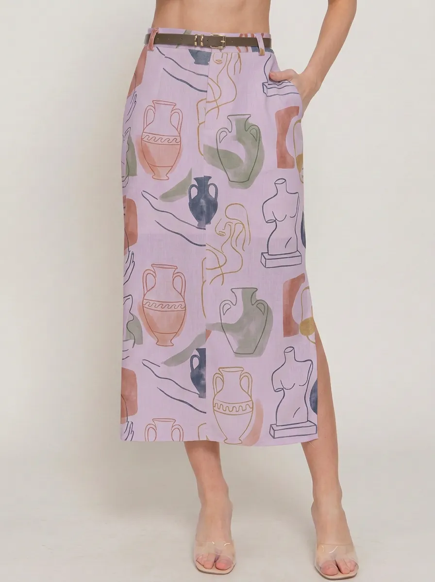 Women's Greek Art Lover Statue Vase Printed Midi Skirt