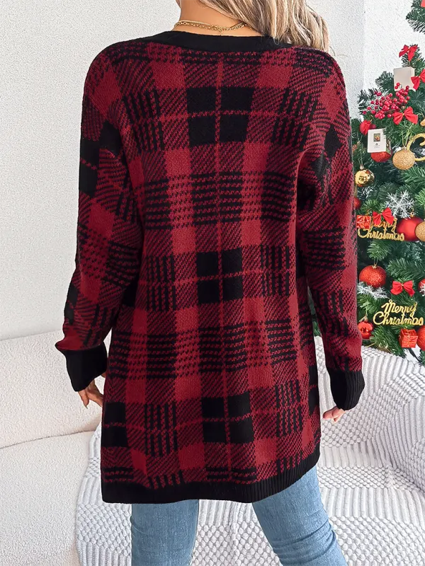 Open-Front Long-Sleeve Knit Plaid Knit Cardigan