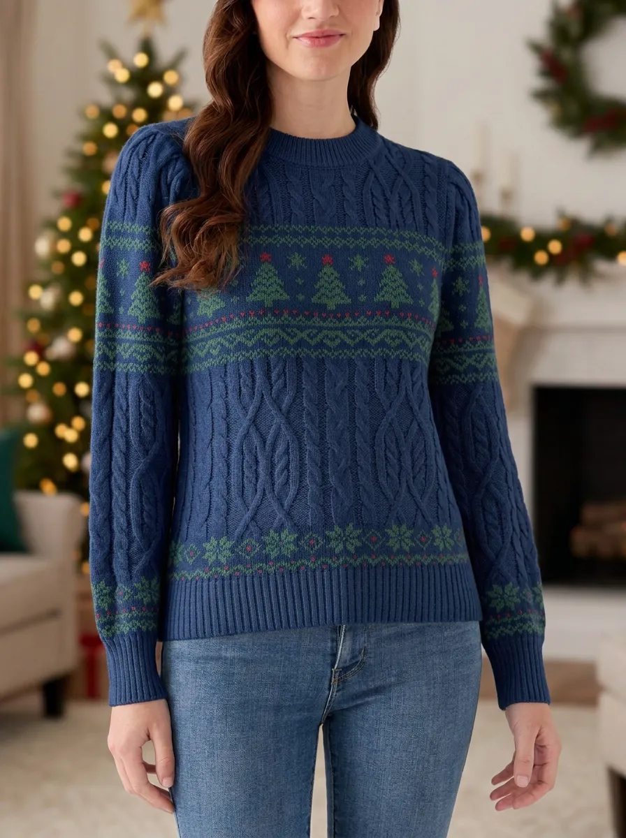 Christmas Holiday Tree Fair Isle Pattern Print Sweater