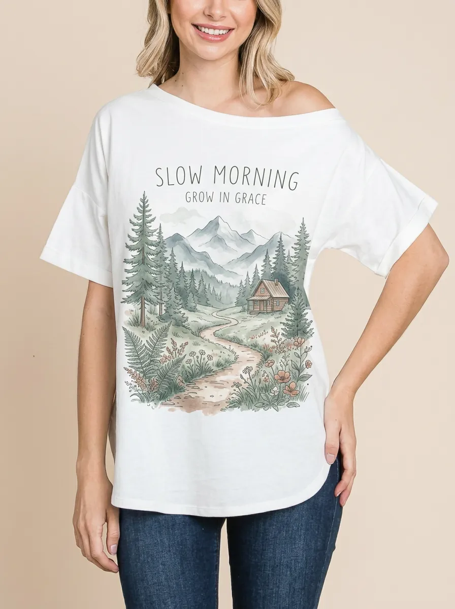 Women's Nature Lover Mountain Cabin Slow Morning Printed T-shirt