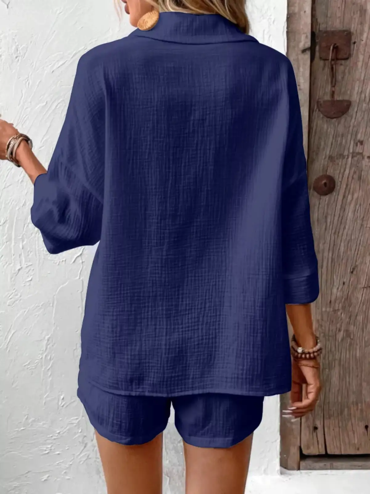 Button-Detail Pocketed Cotton Top and Shorts Matching Set