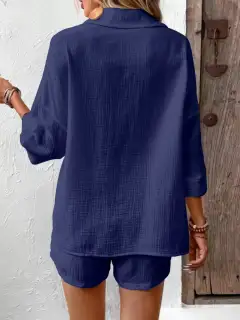 Button-Detail Pocketed Cotton Top and Shorts Matching Set