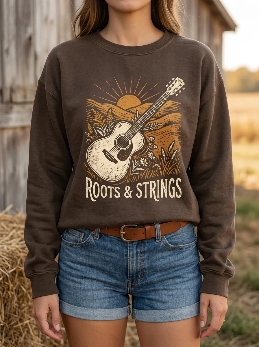 Country Music Roots and Strings Guitar Crew Neck Sweatshirt