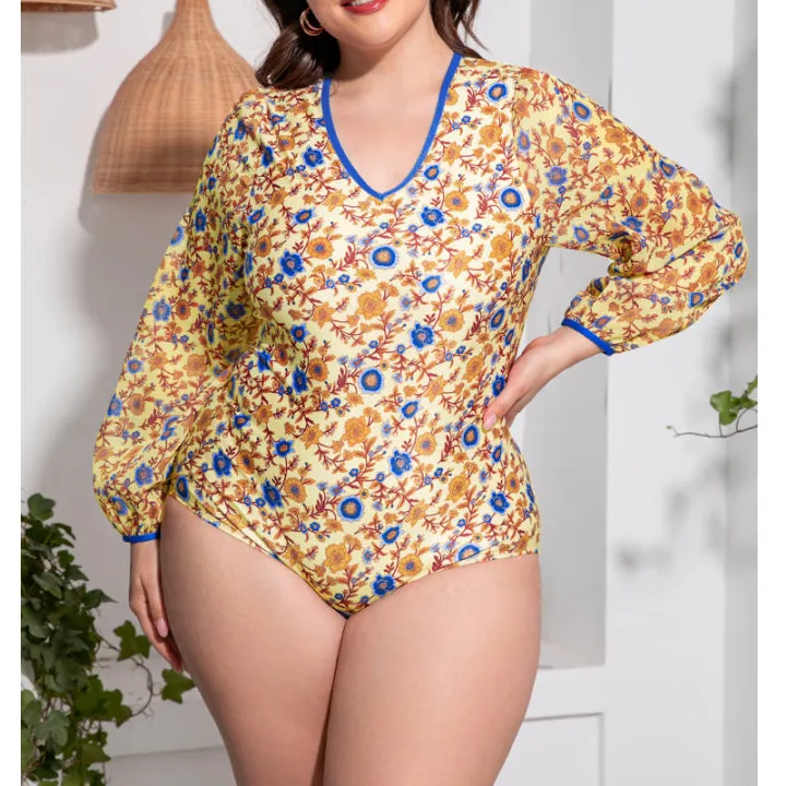 Women's Long-Sleeve Floral One-Piece Swimsuit