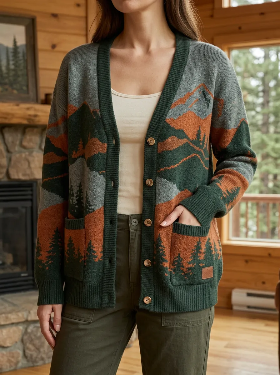 Women's Nature Lover Mountain Forest Printed Ribbed Trim Off-Duty Casual Cardigan