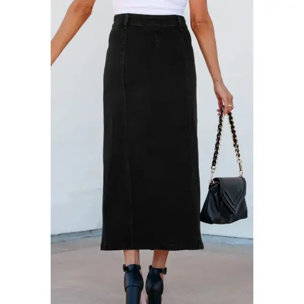Button Fly Side Split Denim Midi Skirt