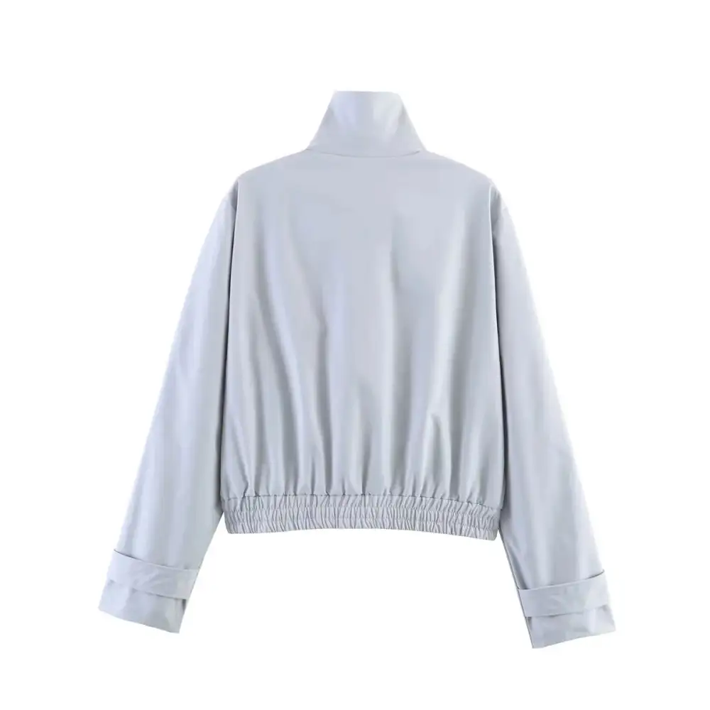 Cropped Stand Collar Snap Front Elastic Hem Bomber Jacket
