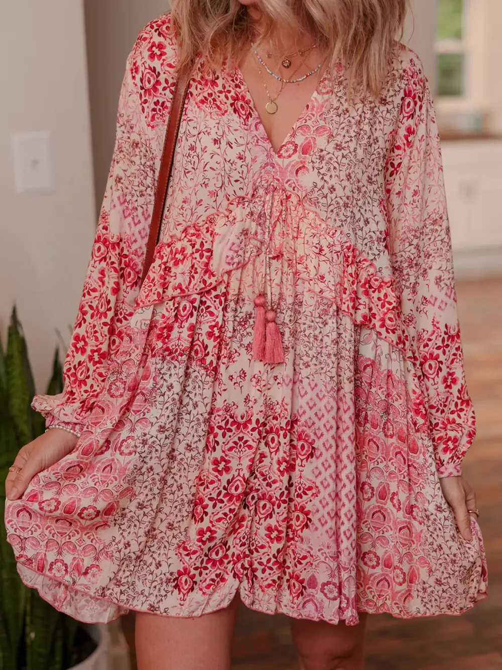 Clean Line Printed Long Sleeve Mini Dress