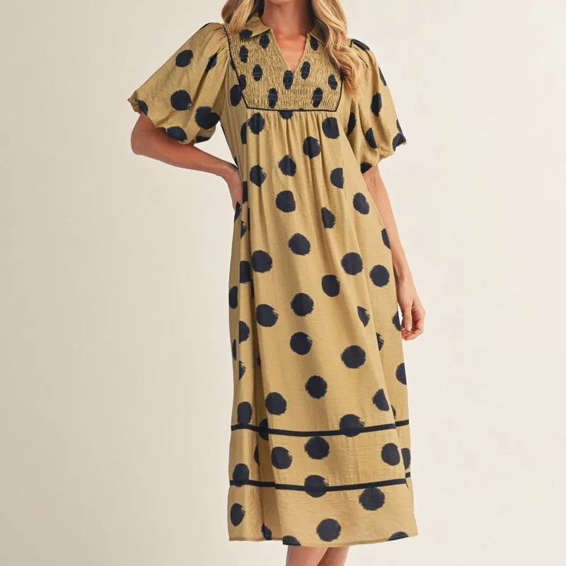 Polka Dot Smocked Puff Sleeve Collared Dress