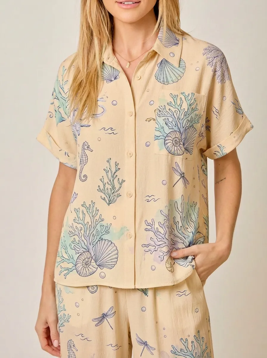 Women's Beach Ocean Lover Seashell Coral Seahorse Printed Shirt