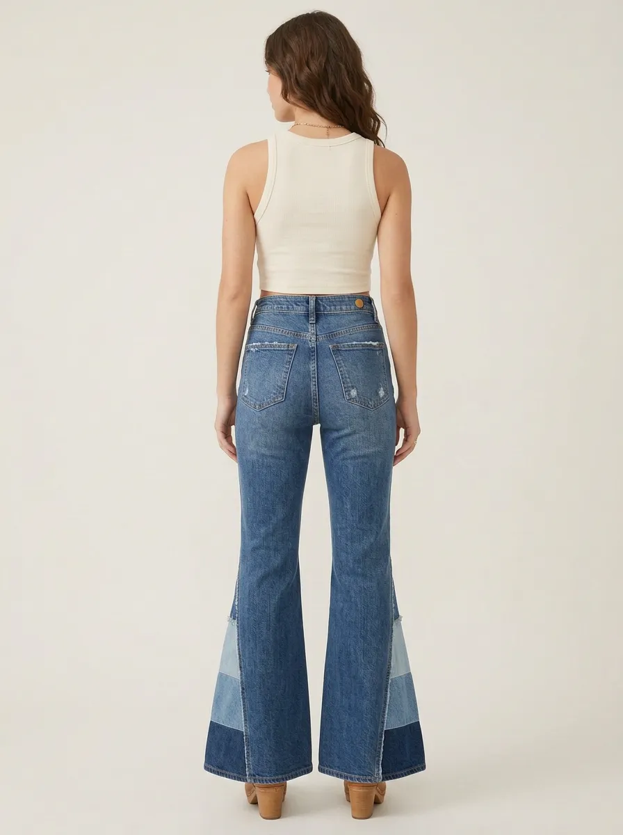 Women's Vintage Style Patchwork Denim Flared Jeans