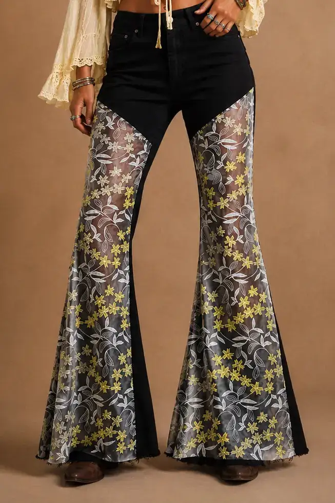 Lace Detail Flare High Rise Embroidered Western Style Denim Jeans