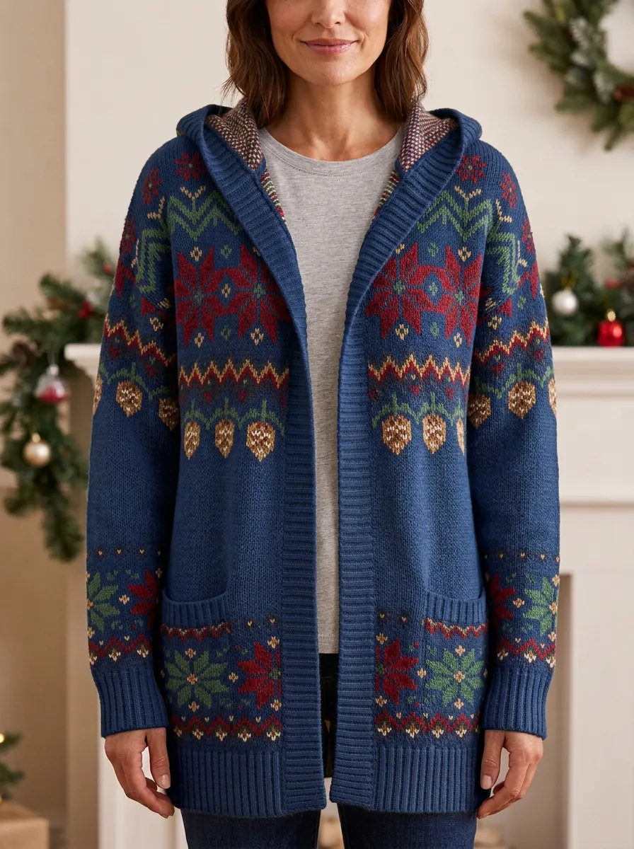 Festive Christmas Snowflake Pinecone Pattern Print Hooded Cardigan