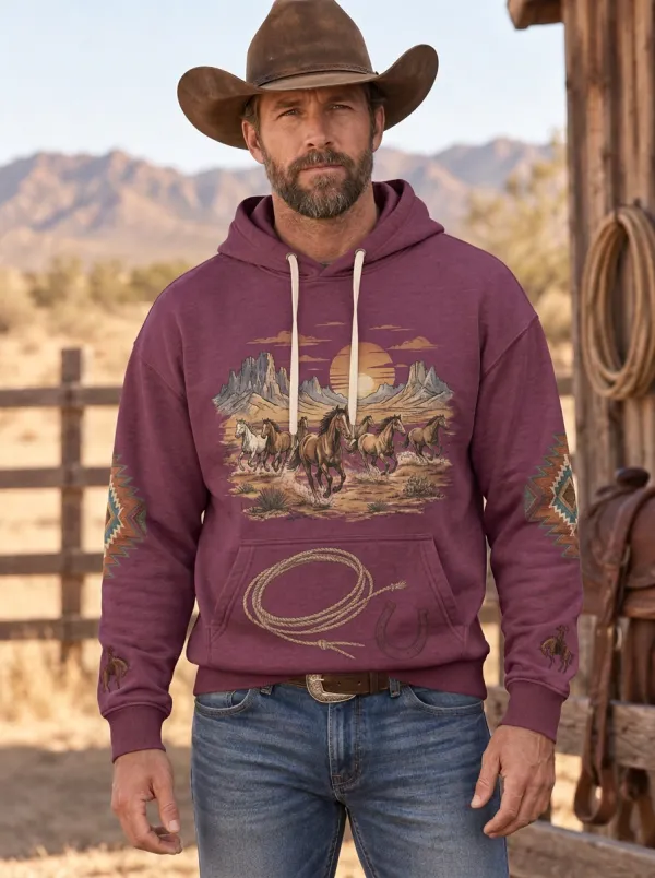 High Desert Horse Sunset Sun Graphic Men's Western Sweatshirt