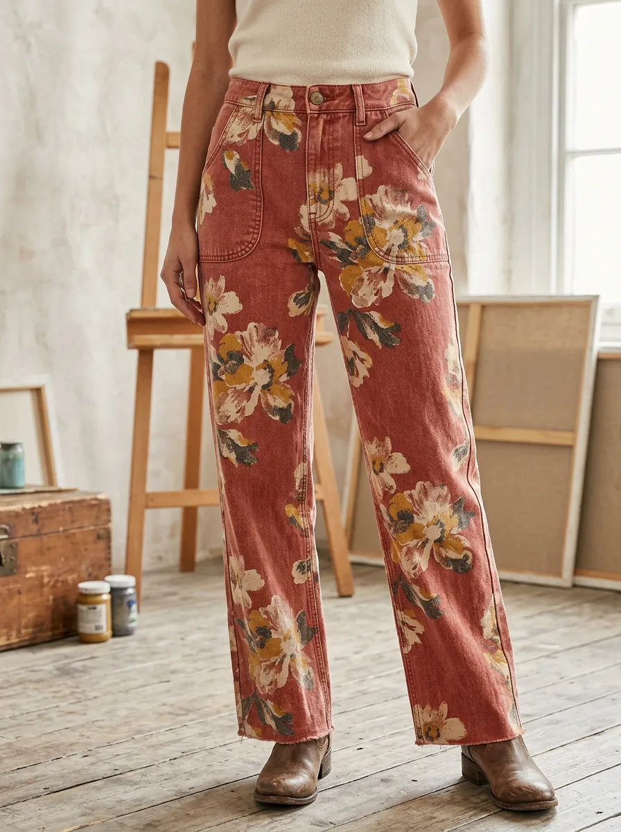 Women's Vintage Floral Pattern Printed Denim Pants