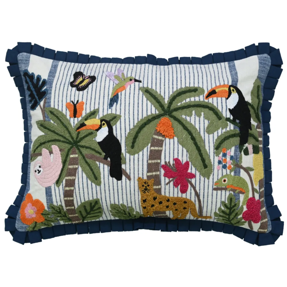Artisan Hand Embroidered Botanical Animal Motif Cotton Decorative Cushion Cover