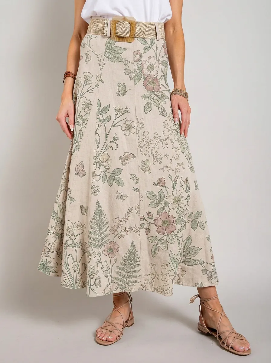 Women's Botanical Garden Floral Butterfly Printed Linen Skirt