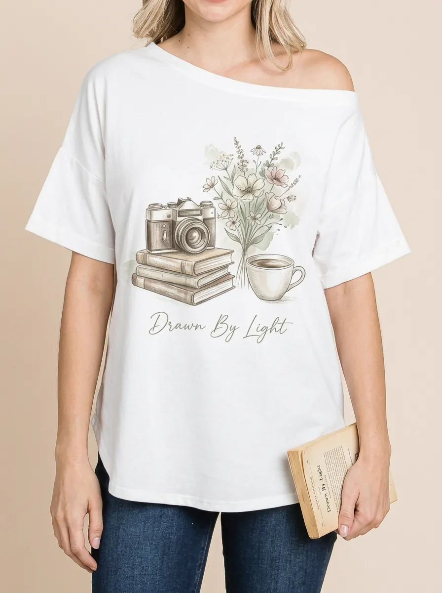 Women's Photography Lover Camera Books Flower Printed T-shirt