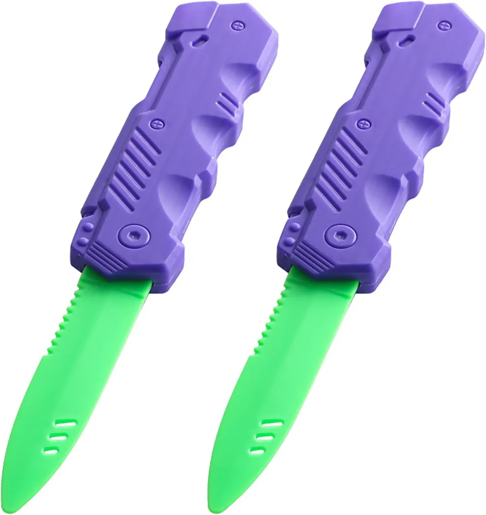 Retractable Plastic Toy Knives - 2 Pack - Safe and Fun for Kids and Adults - Great for Halloween, Cosplay, Magic Tricks and More - Green Handle Purple Blade
