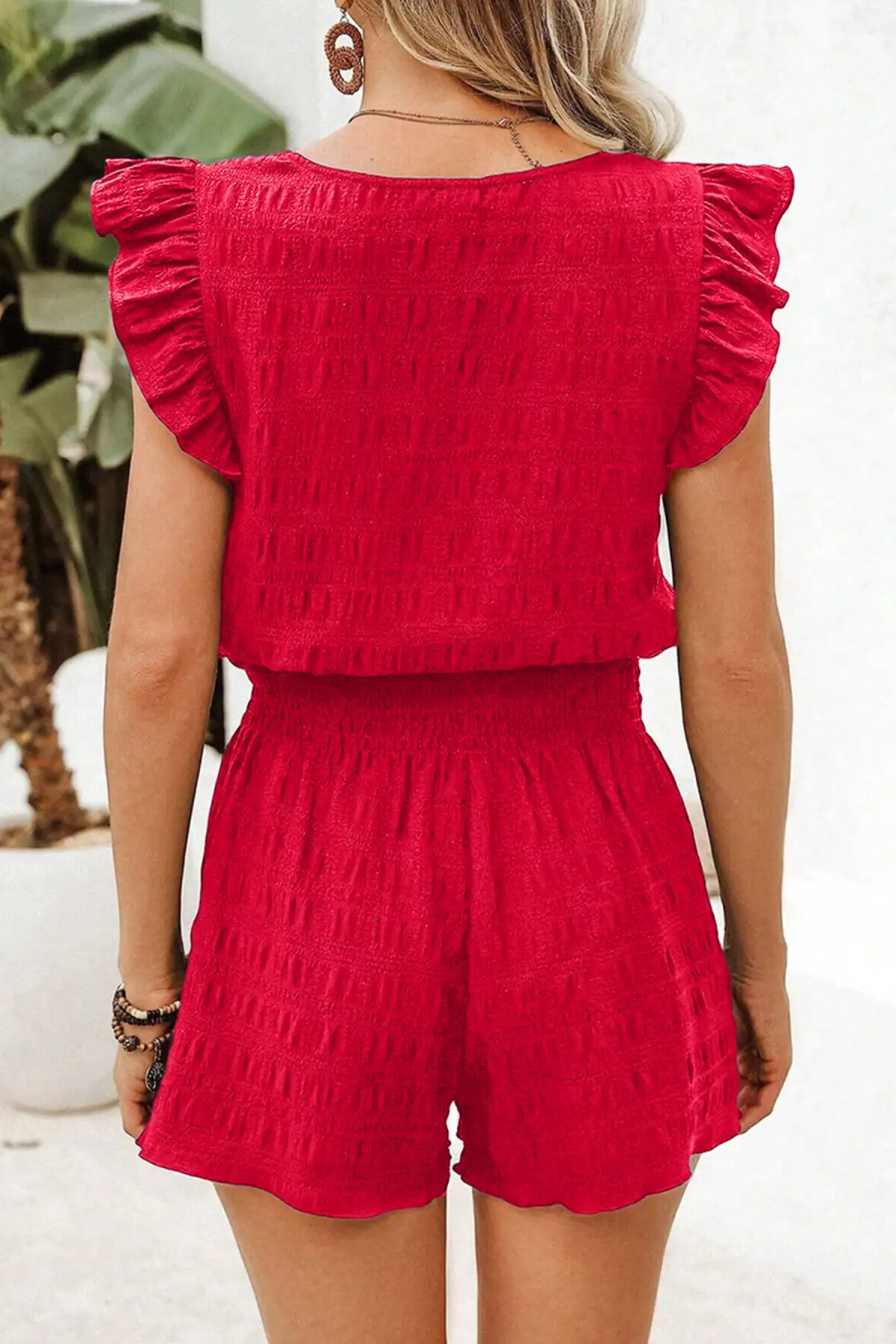 Refined High-Waist Shirred-Waist Textured Two-Piece Top and Shorts Set