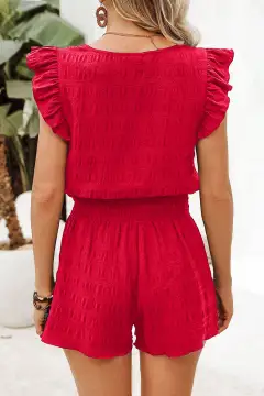 Refined High-Waist Shirred-Waist Textured Two-Piece Top and Shorts Set
