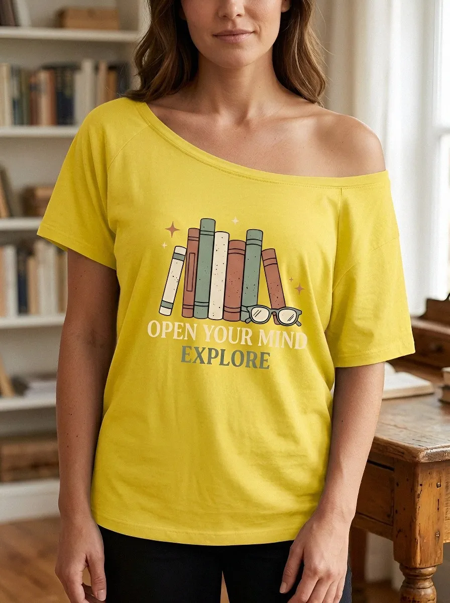 Women's Book Lover Open Your Mind Books Printed Off-Shoulder Top