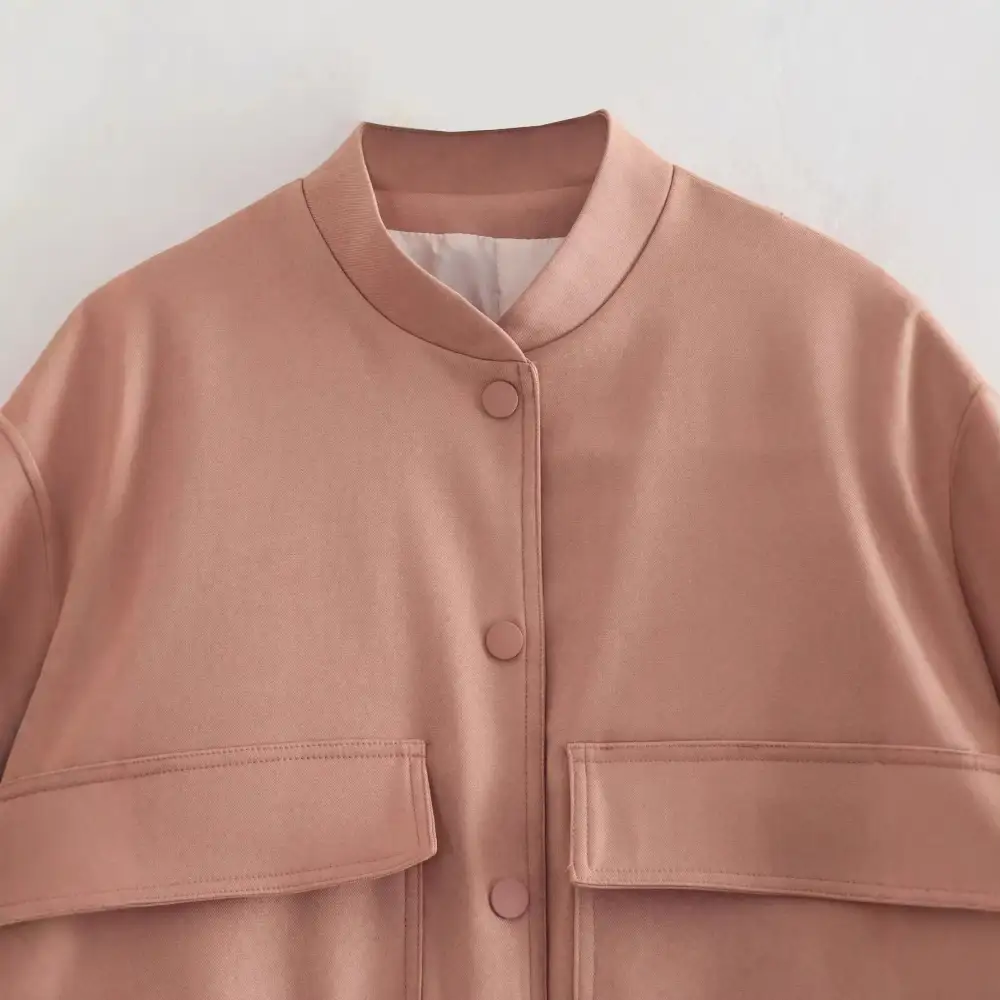 Cropped Stand Collar Snap Front Patch Pocket Bomber Jacket