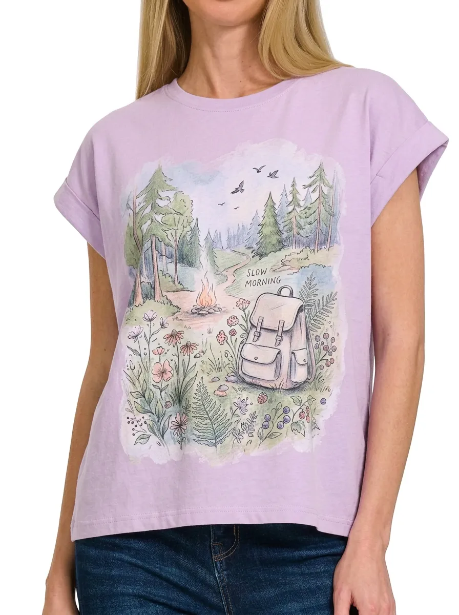 Women's Camping Hiking Lover Slow Morning Forest Printed T-shirt