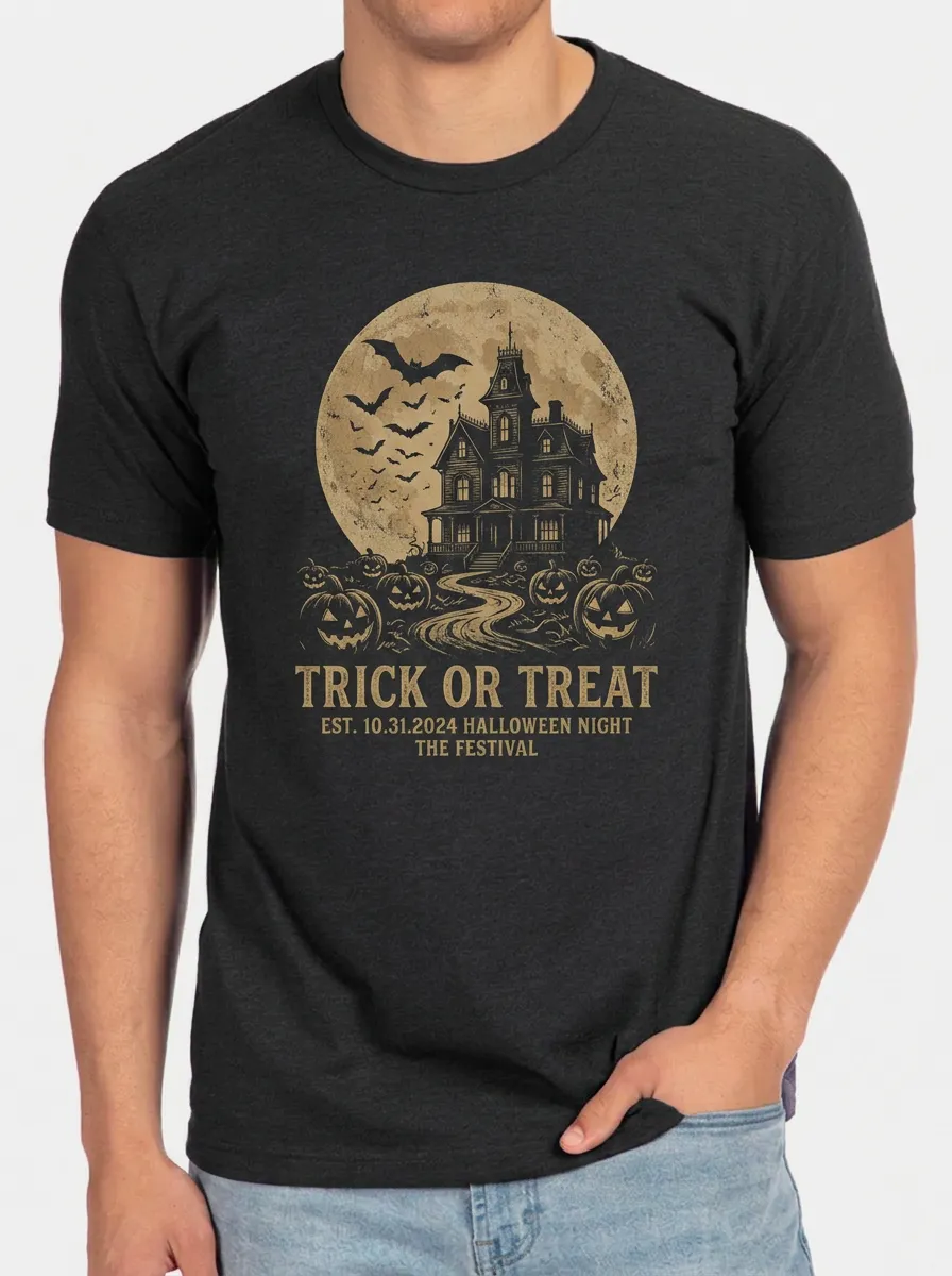 Men's Halloween Haunted House Pumpkin Bats Printed T-shirt