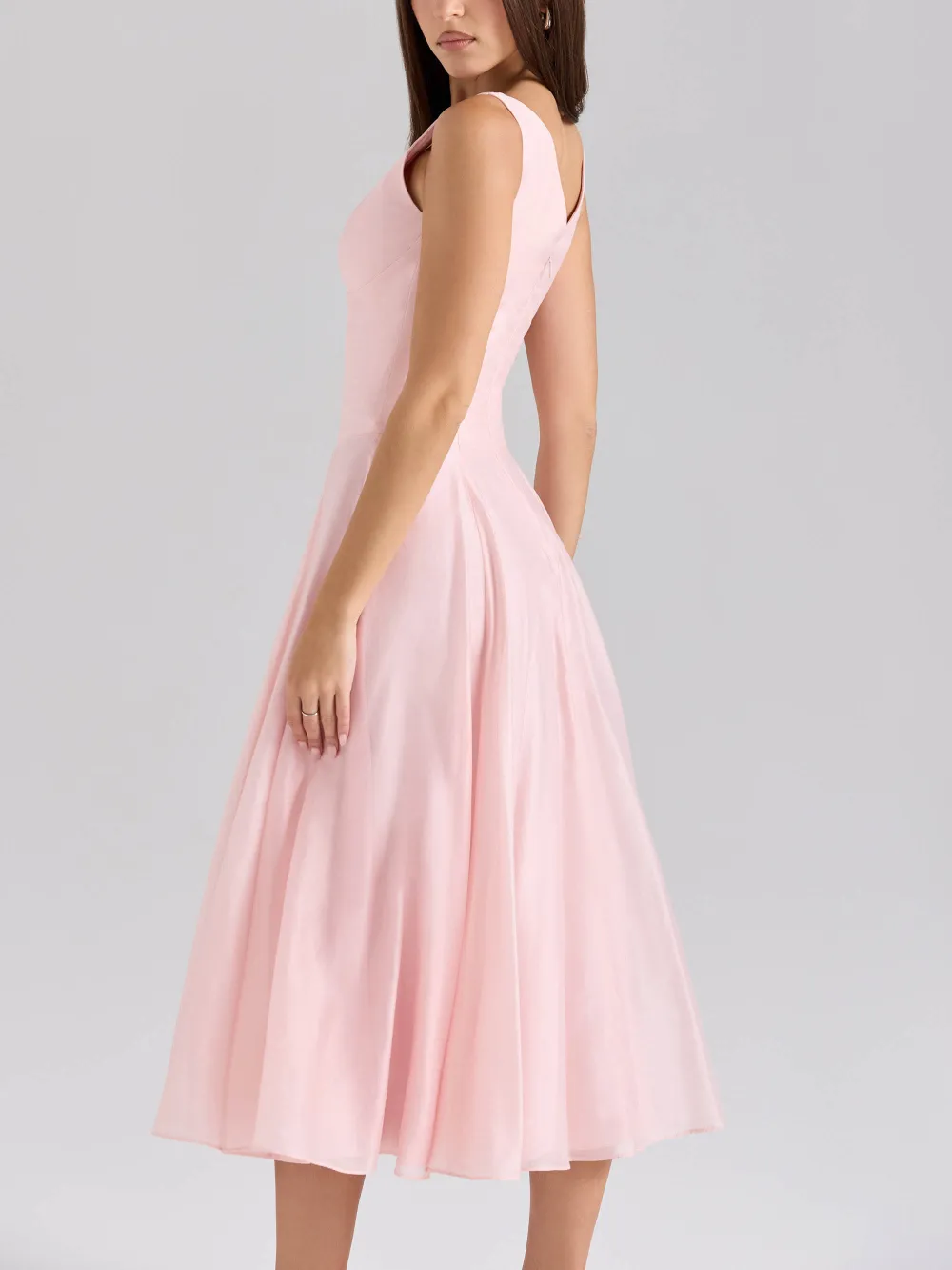 Elegant V Neck Chiffon Button Midi Dress