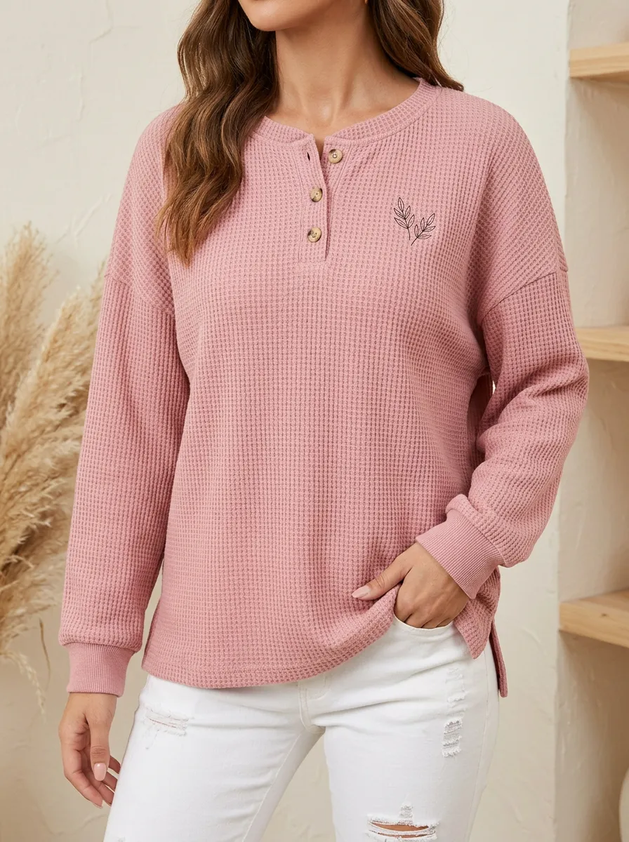 Women's Pink Minimalist Leaf Printed Waffle Knit Henley Shirt