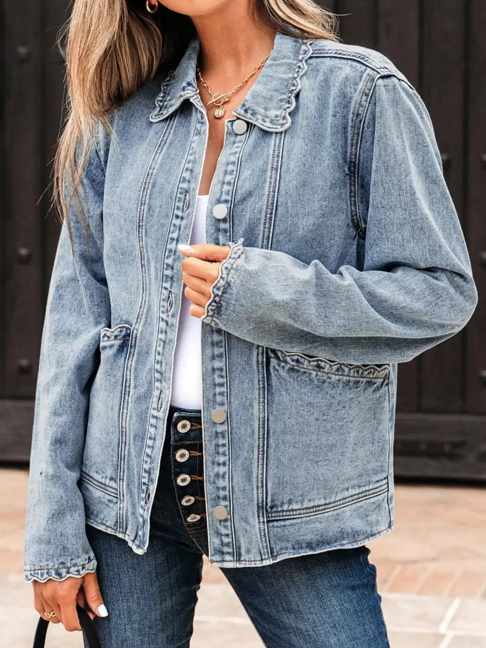 Scallop Trim Collar Patched Pocket Button Up Jacket