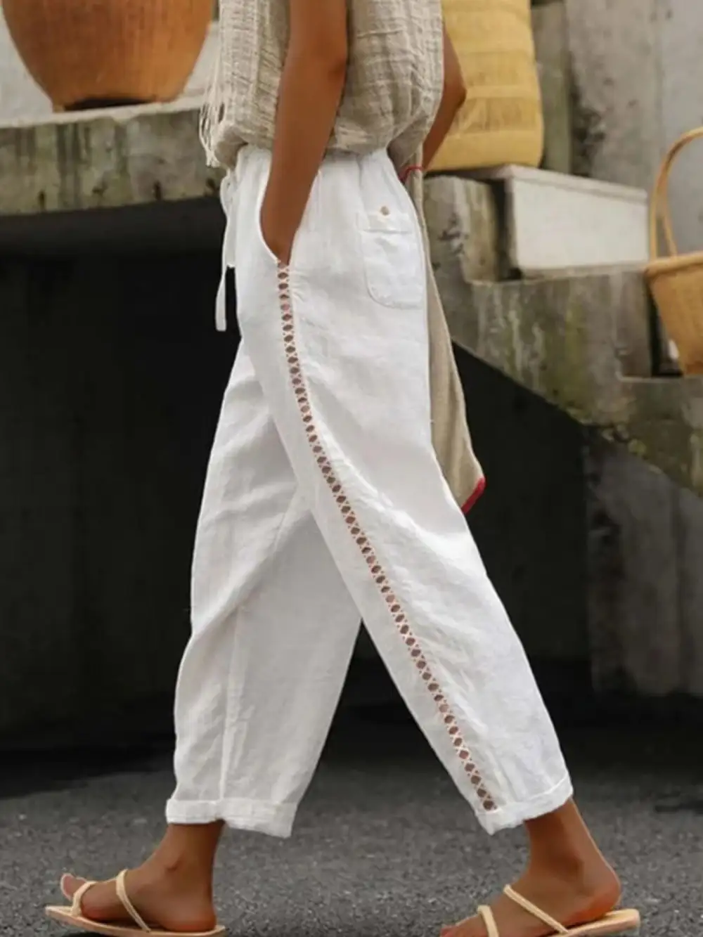 Hollow Out Trim Cropped Pants