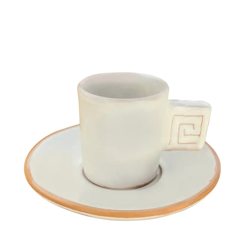 Meander-Motif Ceramic Espresso Cup And Saucer