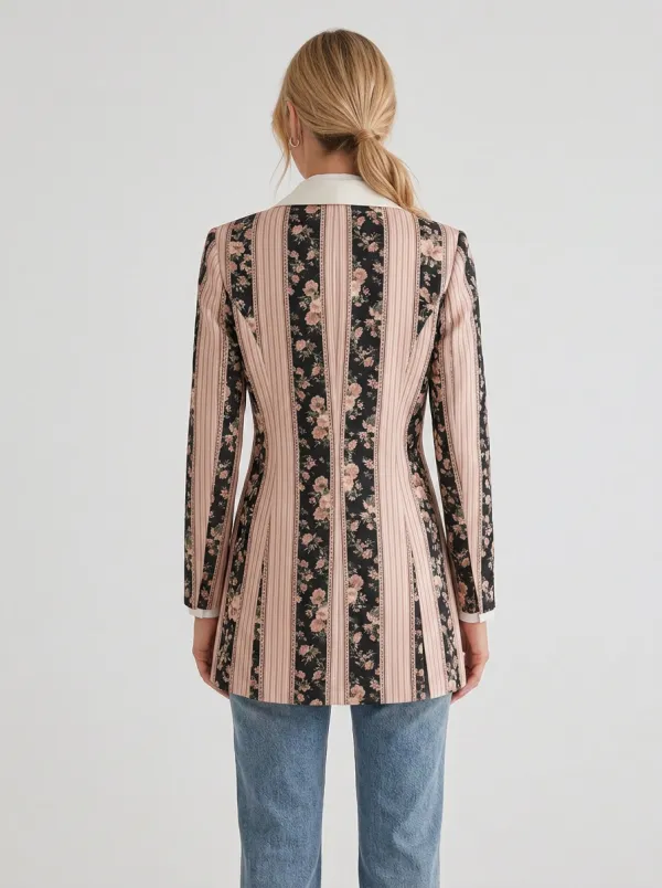 Women's Vintage Floral Striped Pattern Printed Blazer Jacket