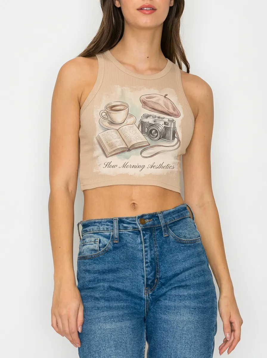 Women's Aesthetic Coffee Book Camera Printed Crop Top