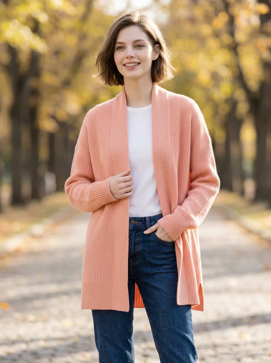 Women's Casual Pink Ribbed Knit Open Front Cardigan
