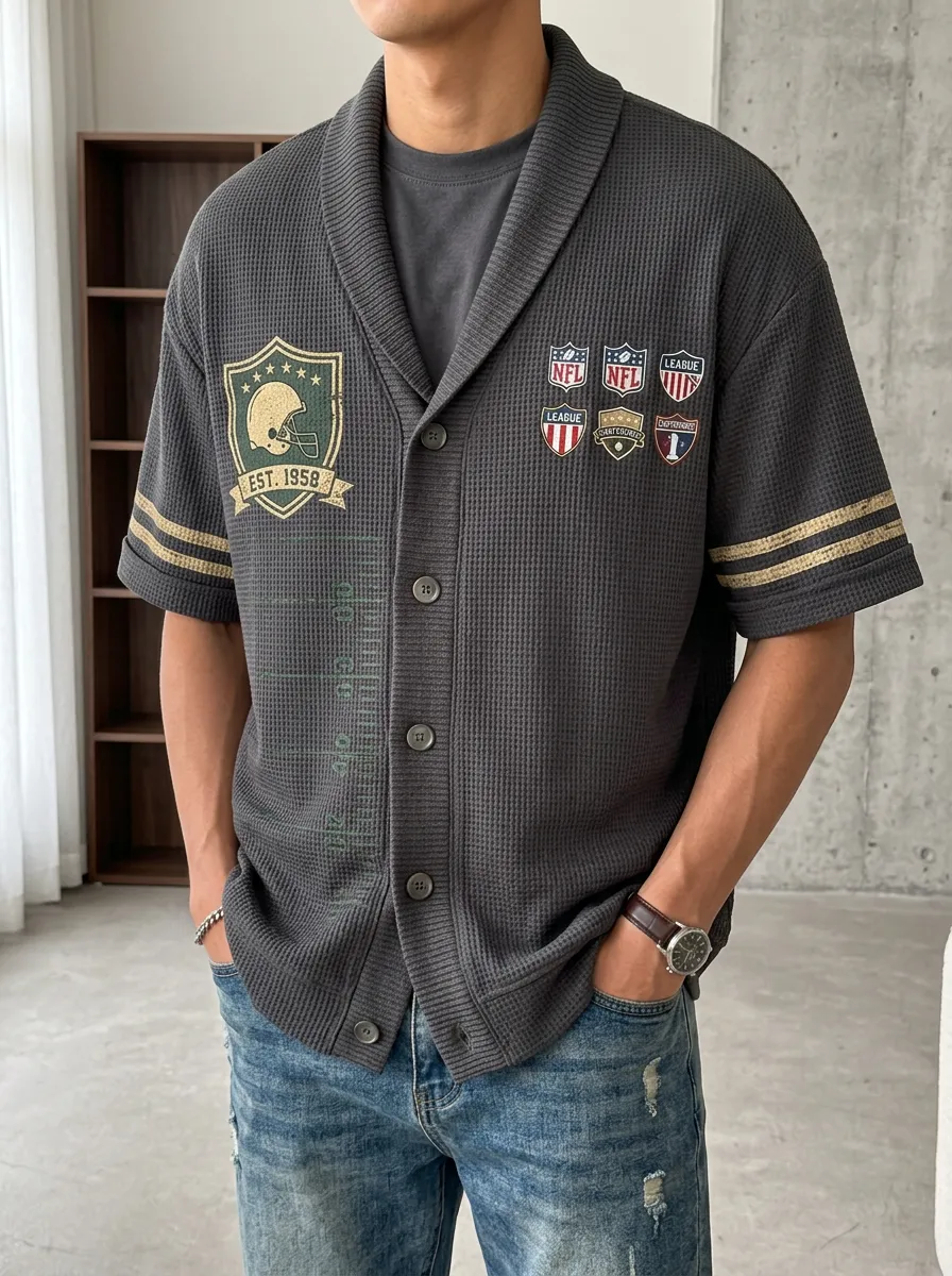 Men's Football Fan Helmet Badge Printed Waffle Knit Cardigan