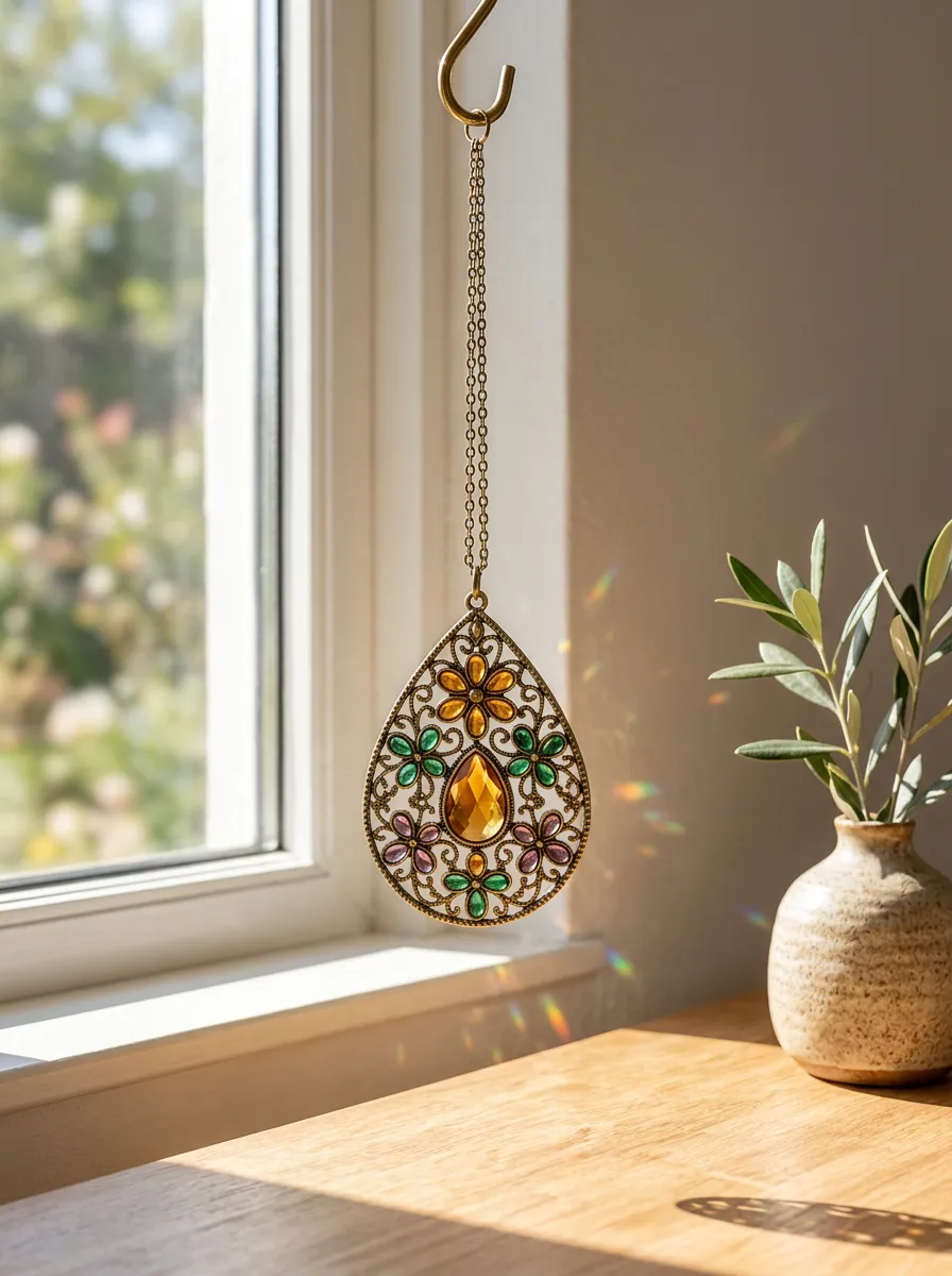 Floral Teardrop Crystal Suncatcher Hanging Ornament