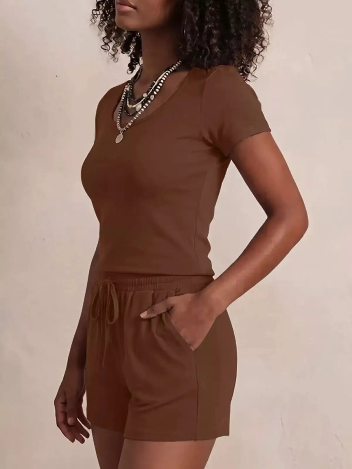 Drawstring Pocketed Tee and Shorts Matching Set