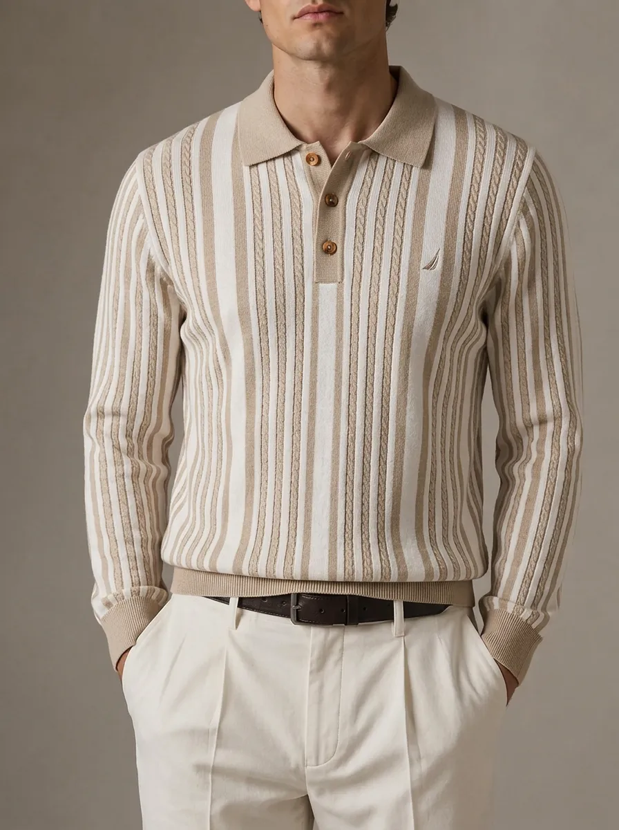 Men's Casual Vintage Striped Cable Knit Polo Shirt