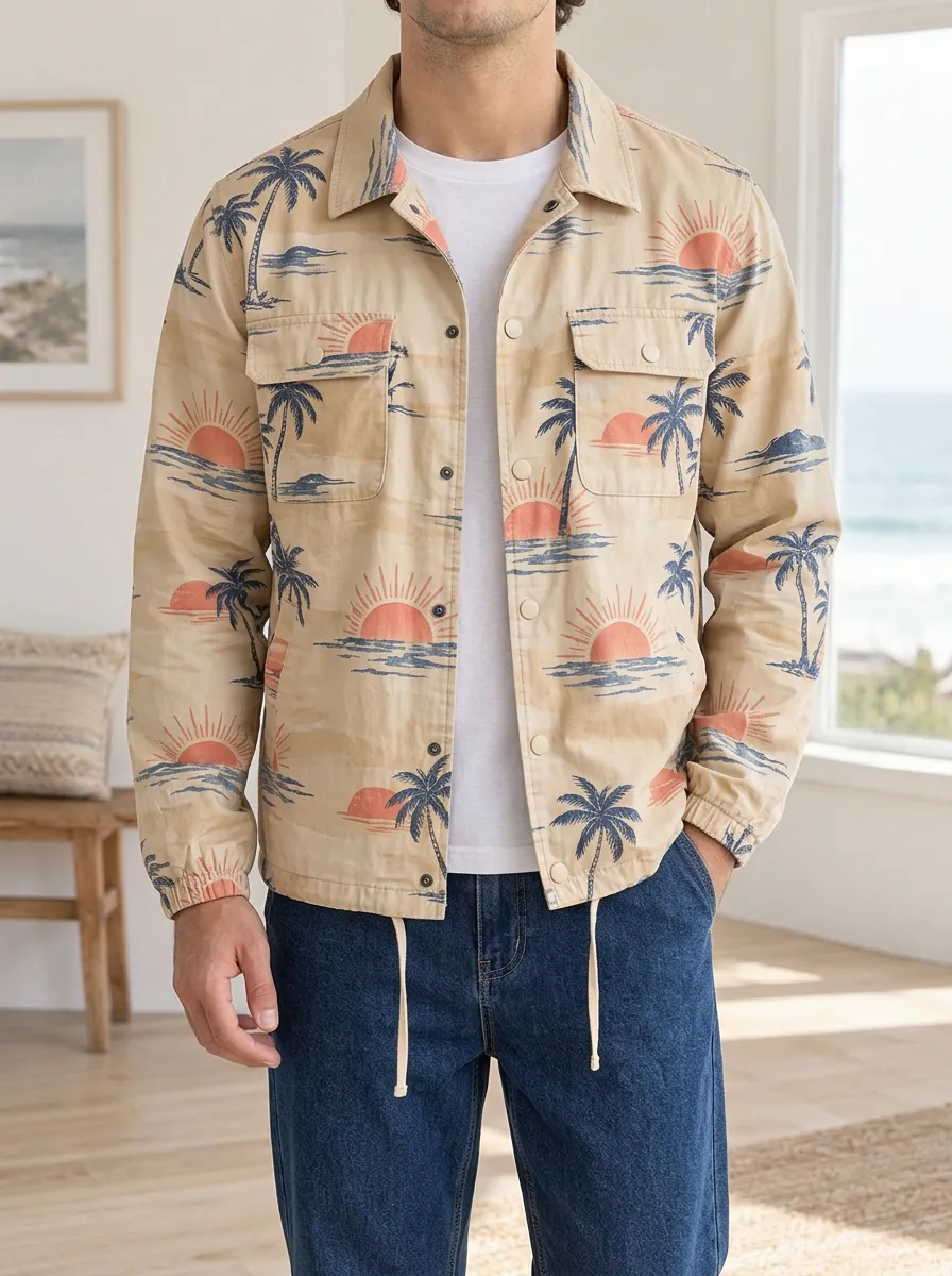 Men's Tropical Beach Sunset Palm Tree Rugged Weekend Jacket
