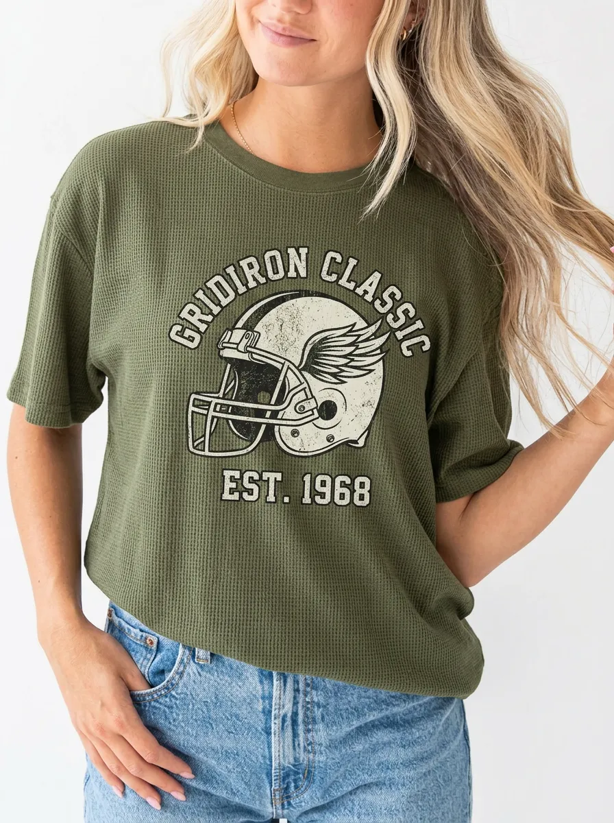 Women's Football Lover Gridiron Classic Helmet Printed Waffle T-Shirt