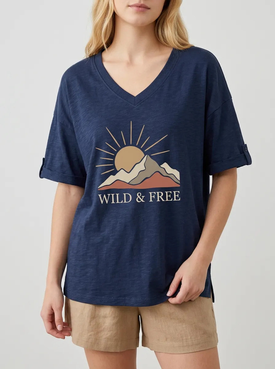 Women's Wild & Free Nature Lover Mountain Sun Printed V-neck T-shirt