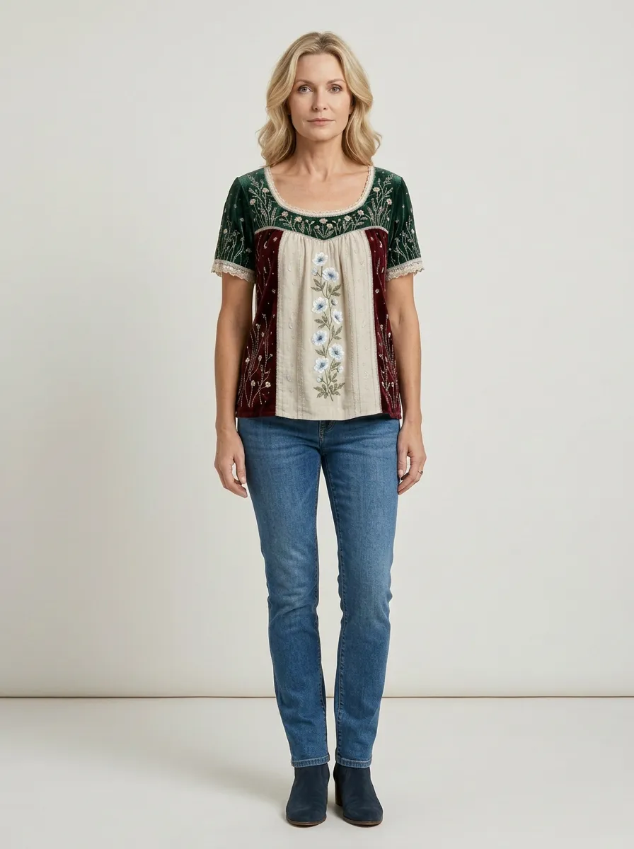 Women's Boho Floral Moon Celestial Embroidered Printed T-shirt