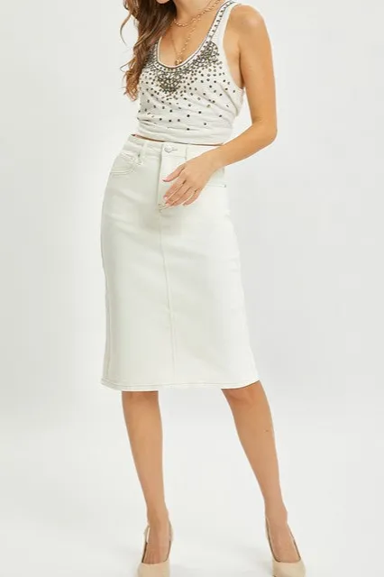 Signature High Rise Back Slit Midi Skirt