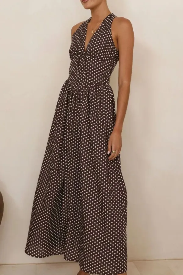 Classic Halter Polka-Dot Maxi Dress